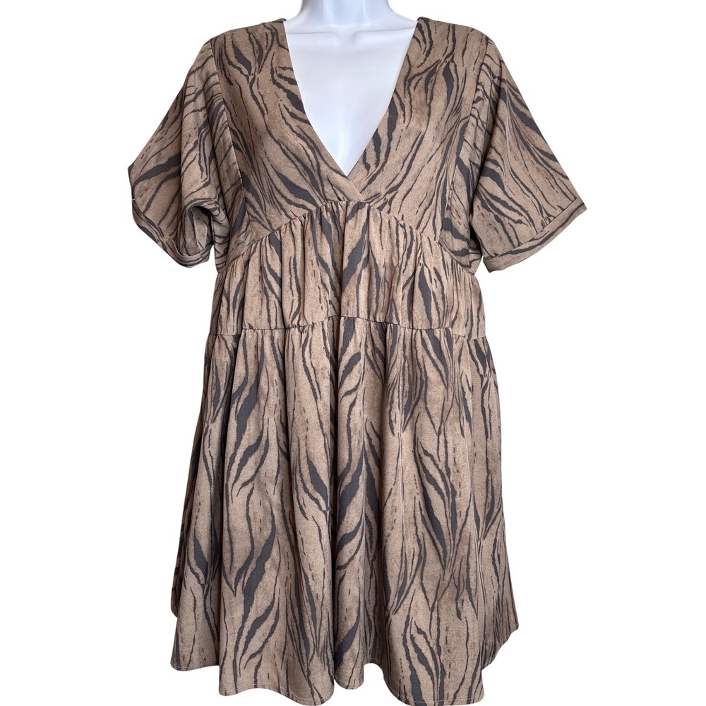 LUMINARY Beige Black Tiger‎ Print Tiered Mini Dress S Artsy Feminine Boho-Chic
